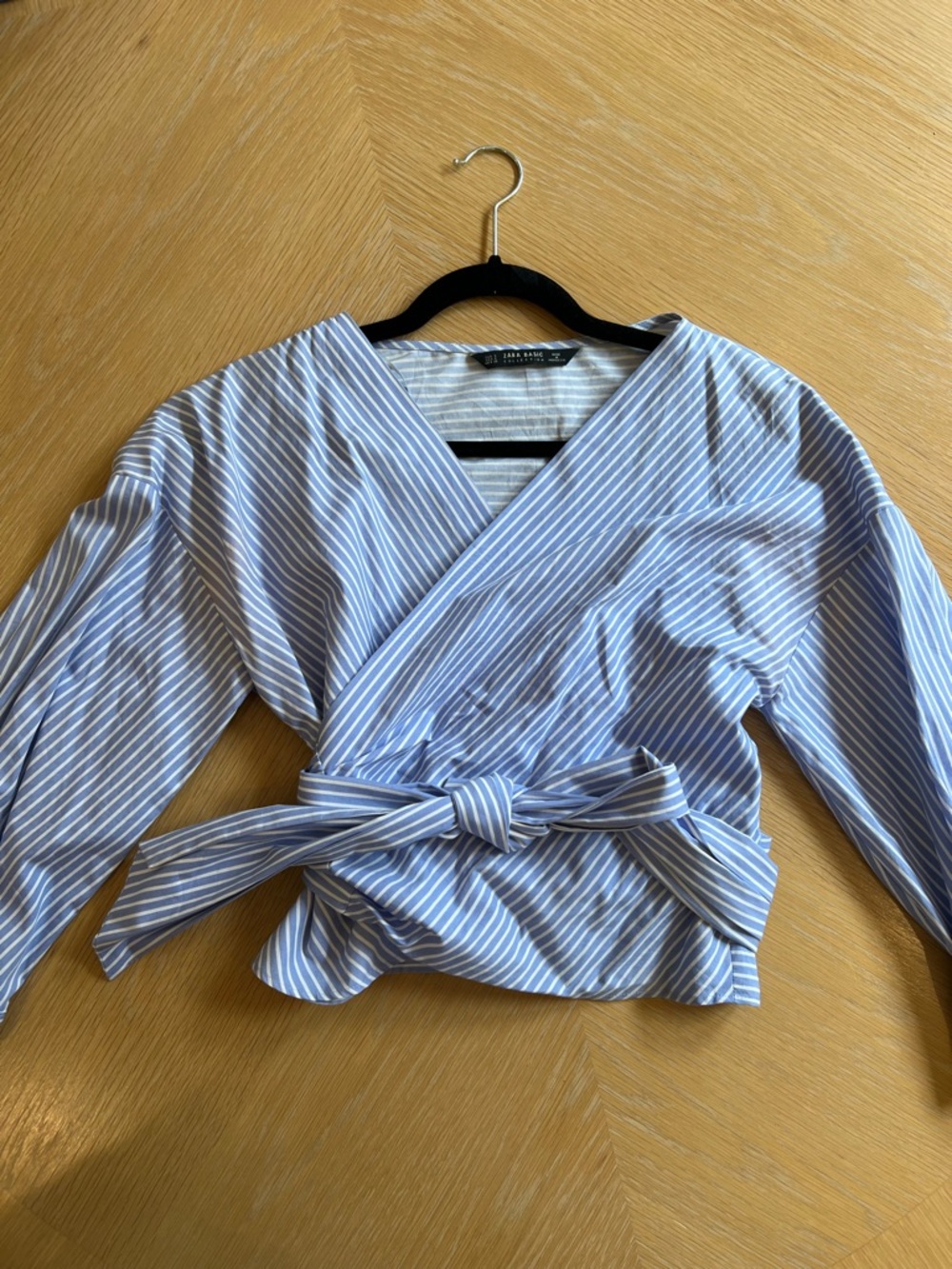 Zara Blue and White Striped Wrap Tie Blouse